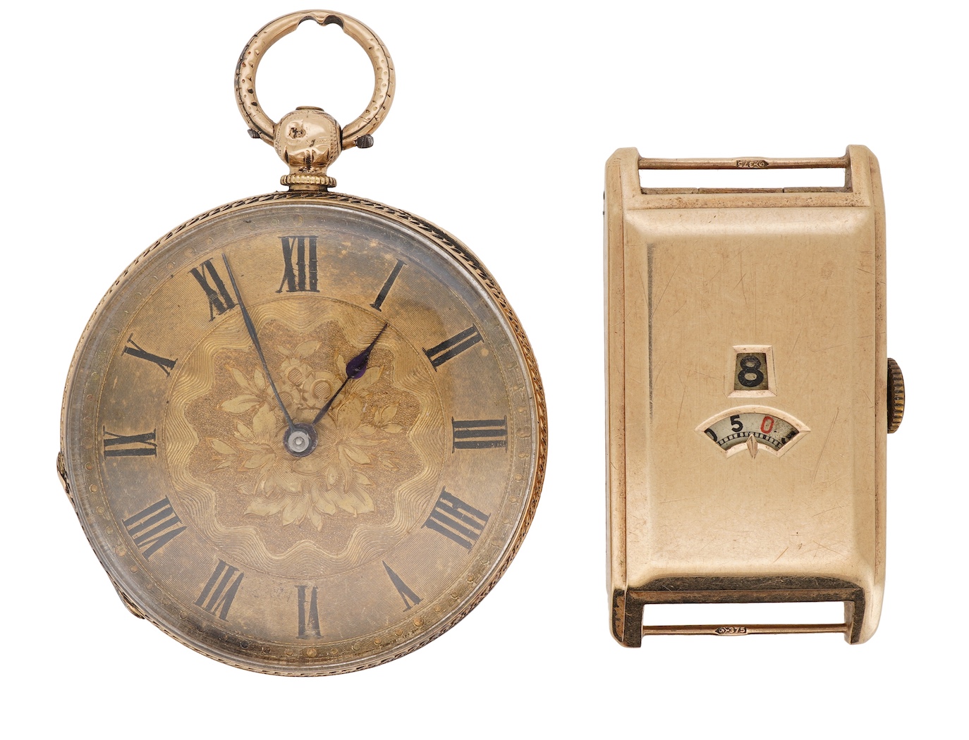 A 1930's Swiss 9ct gold rectangular cased jump hour digital manual wind wrist watch, case diameter 21mm, no strap, together with a continental engraved 14k gold open face keywind fob watch, with Roman dial, case diameter